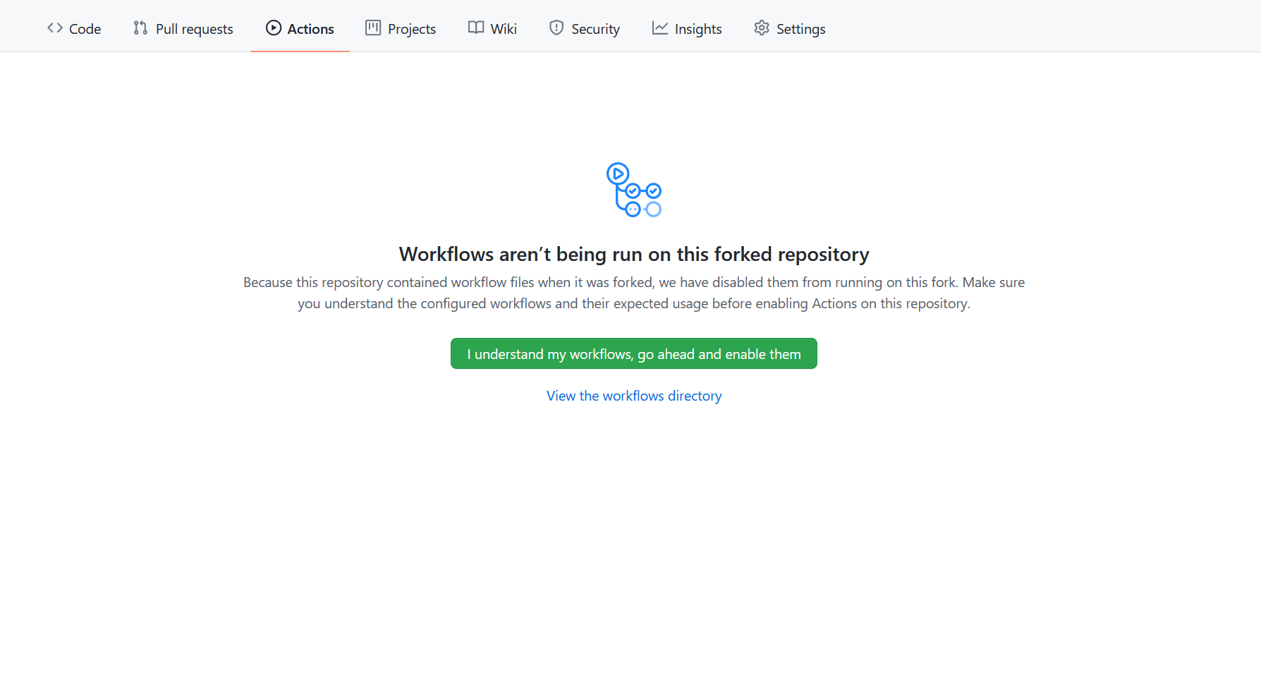 Screenshot of GitHub's Actions tab with workflows disabled