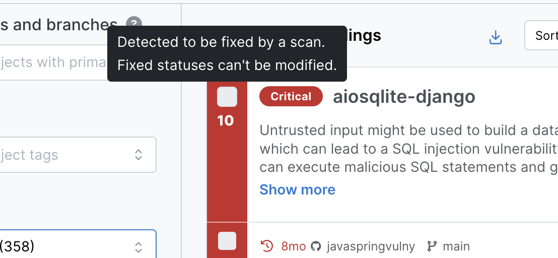 Tooltip for findings in off state